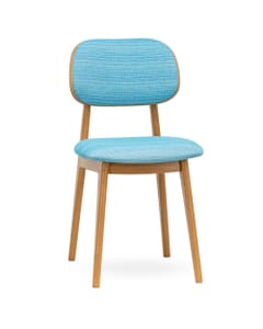 front left view of Lola wood restaurant chair in blue fabric upholstery