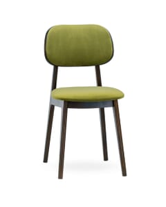 Slightly turn left front view of a mid-century modern inspired chair with olive green fabric upholstery on a curved backrest and round seat, standing on dark wood tapered legs