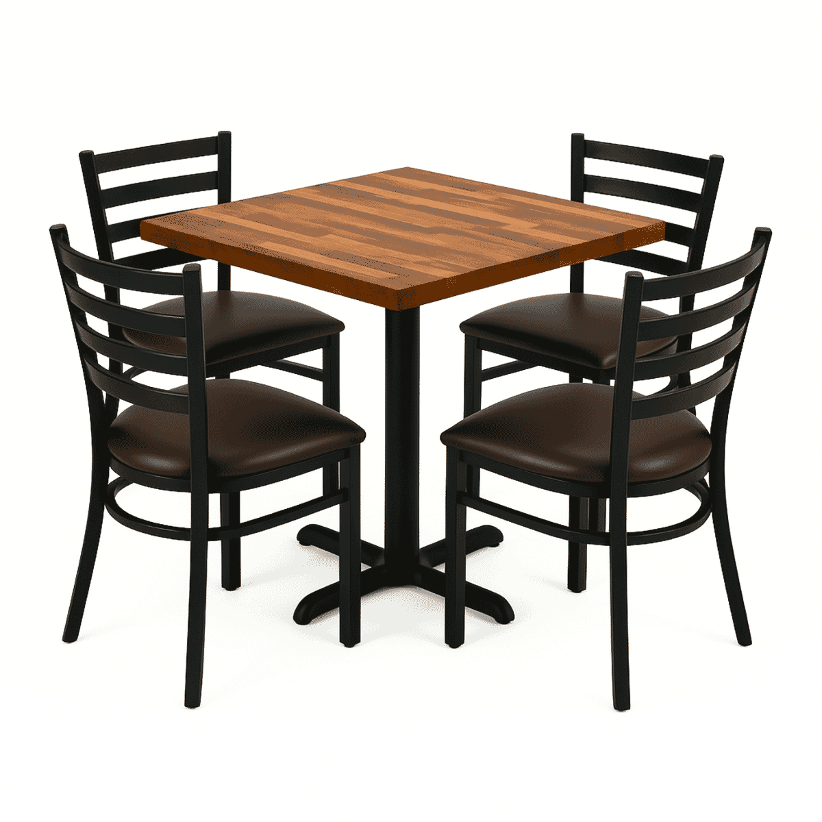 Black Restaurant Table Set with Solid Walnut Top & 4 Steel Ladderback Chairs