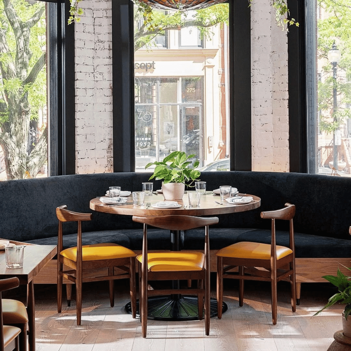 Stackable Antique Walnut Elm Wood Restaurant Chair With Upholstered Seat