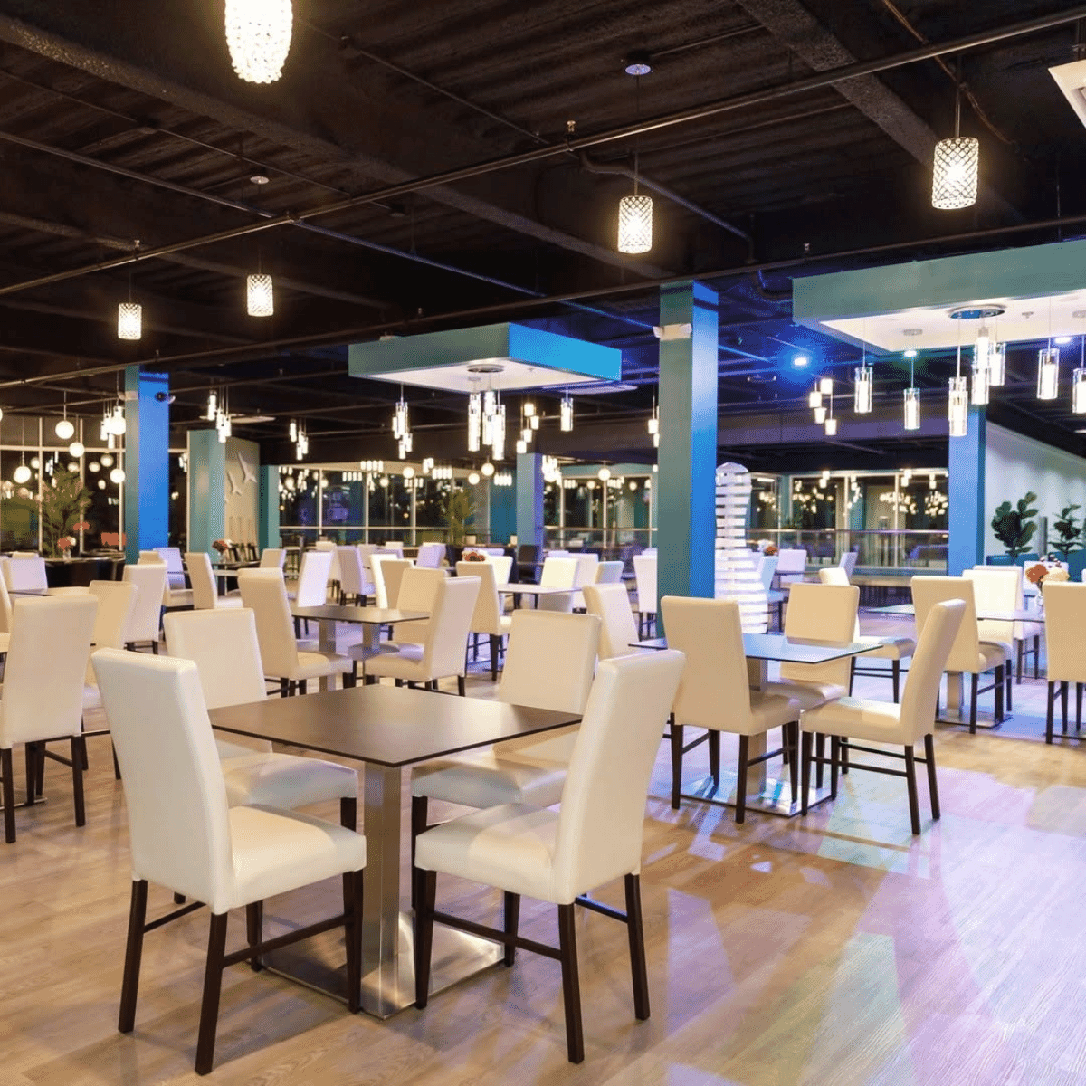 Custom Fully Upholstered Wood Look Metal Restaurant Chair in Walnut