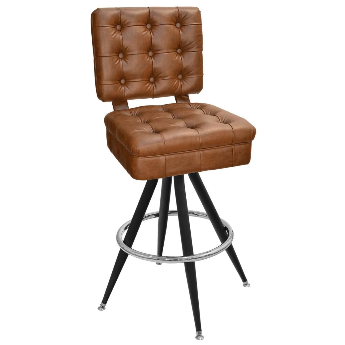 Tufted Bucket Black Frame Restaurant Bar Stool with Gold or Chrome Ring
