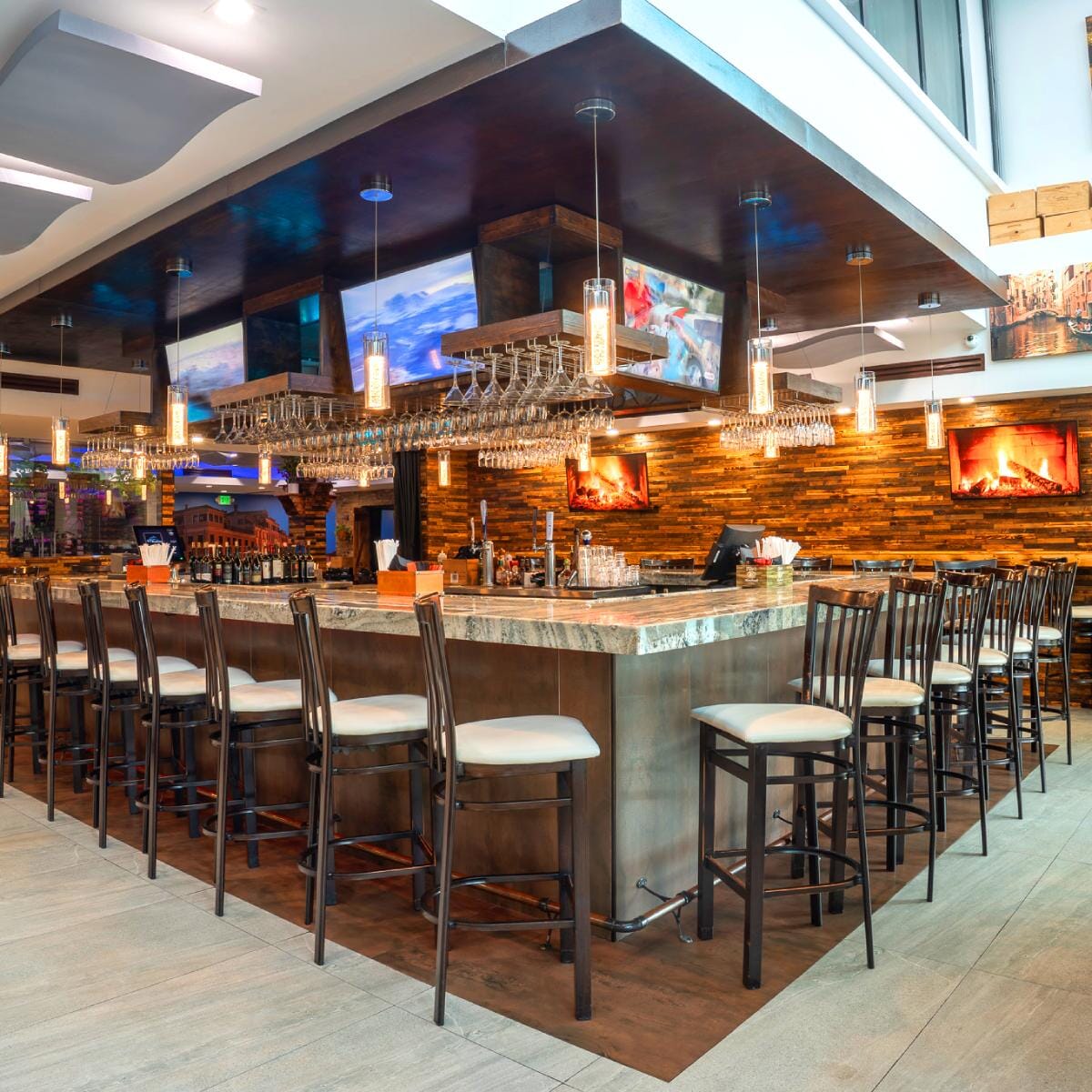 Walnut Steel Vertical-Back Restaurant Bar Stool