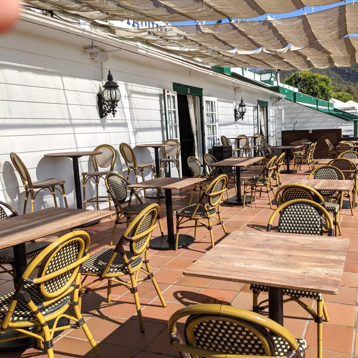 Bamboo Look Stackable Outdoor Restaurant Chair in Brown and Light Beige