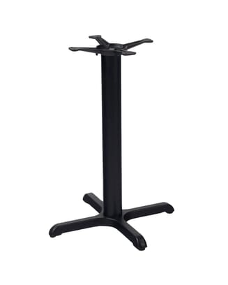 Designed for cafes and bistros, features a compact black finish with a slender square column and a cross-shaped bottom for stability, topped with a four-pronged spider bracket that securely supports smaller table tops