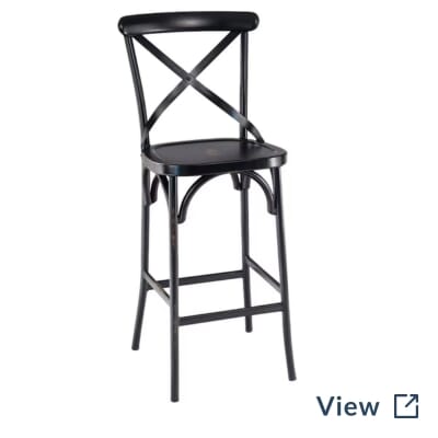 Antique-Look Black Steel Cross-Back Commercial Bar Stool with metal seat used at Five 13 Liquor Lounge.