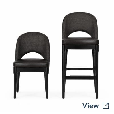 Lily black wood restaurant chair and bar stool collection with custom upholstery for Italian Chophouse on Lake Oconee.