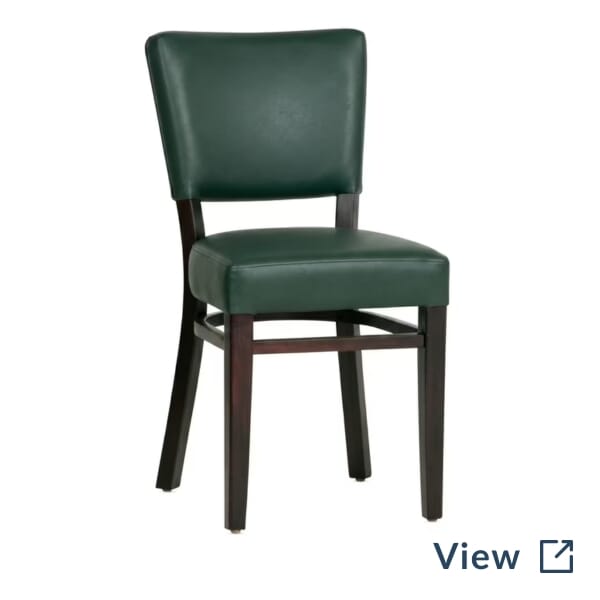 Fully Upholstered Beech Wood Bennett Restaurant Chair in Symphony Classic Persimmon with walnut frame and brass nailhead trim.