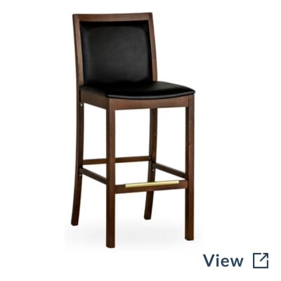 Fully Upholstered Walnut Wood Morgan Restaurant Bar Stool with black footrest used at Five 13 Liquor Lounge.