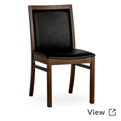 Fully Upholstered Black Wood Morgan Restaurant Chair with New Soho Black Walnut upholstery used for event dining at Branches Catering.