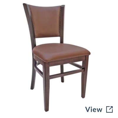 Fully Upholstered Side Restaurant Chair in walnut with custom Buff and Admiral Blue upholstery and brass nailhead trim.