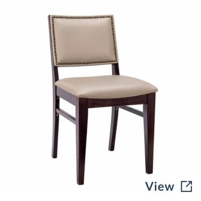 Fully upholstered walnut Madison commercial restaurant chair with custom saffron back and Pashmina seat upholstery.