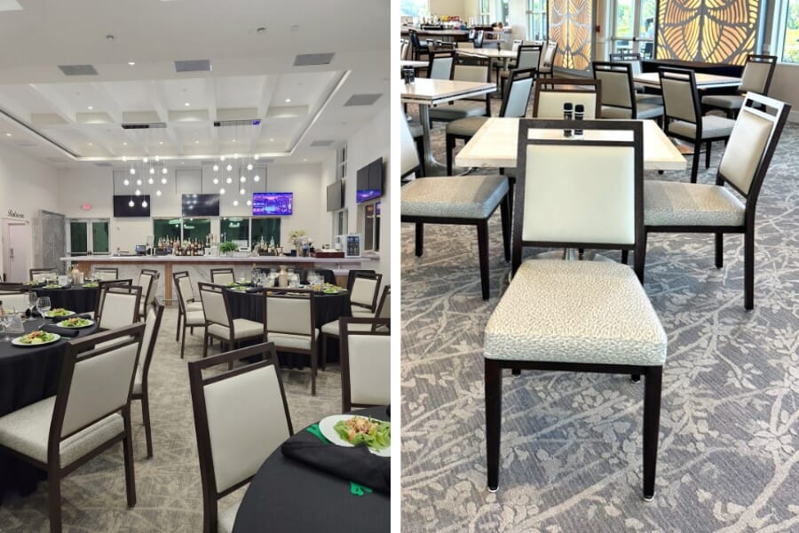Banquet and clubhouse dining space at Country Club of Coral Springs featuring custom upholstered banquet chairs and coordinated dining tables.