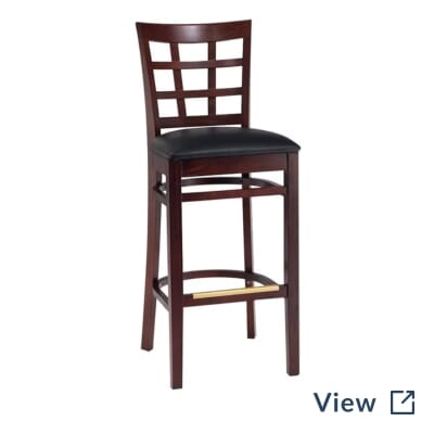 Dark Mahogany Wood Lattice-Back Restaurant Bar Stool with New Soho Tea Rose upholstery and brass footrest.