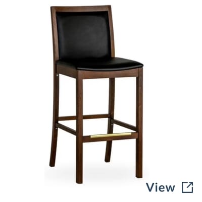 Fully Upholstered Walnut Wood Morgan Restaurant Bar Stool with New Soho Black Walnut vinyl and black footrest used at Branches Catering.