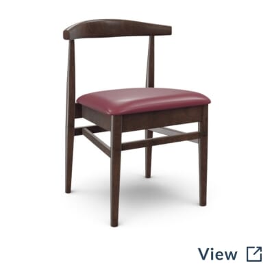 Stackable antique walnut elm wood restaurant chair with upholstered seat in Natural Linen Moss.