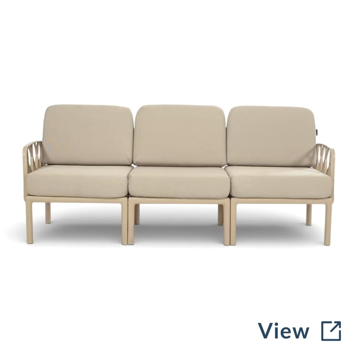 Venice modular outdoor lounge sofa in cappuccino finish with Classic Beige cushions (860-SF).