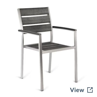Stackable outdoor aluminum restaurant armchair with pewter synthetic teak wood slats for PopStroke Katy.