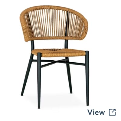Palmera stackable outdoor restaurant rope chair with tan seat and back.