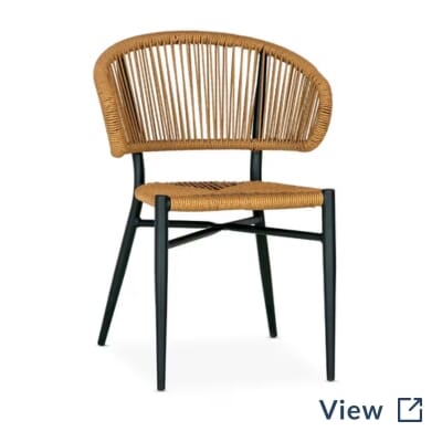 Palmera restaurant chair with tan woven rope seat and rounded back on a black aluminum frame.