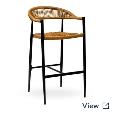 Sabbia restaurant bar stool with tan woven rope seat and back on a black aluminum frame.