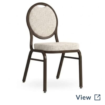 Eliseo Teardrop Back Stackable Aluminum Banquet Chair customized for Rush Creek Golf Club with Bronze Sparkle frame and Momentum Caravan Milkweed upholstery.