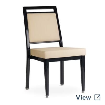 Atticus Quick Ship steel stackable banquet chair with black commercial steel frame and beige vinyl upholstered seat and back.
