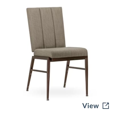 Ella Flex Back Stackable Aluminum Banquet Chair with Twist Grasscloth upholstery and Copper Sparkle frame.