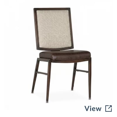 Alaric Flex Back Stackable Aluminum Banquet Chair with Twist Burlap upholstery and Copper Vein frame.