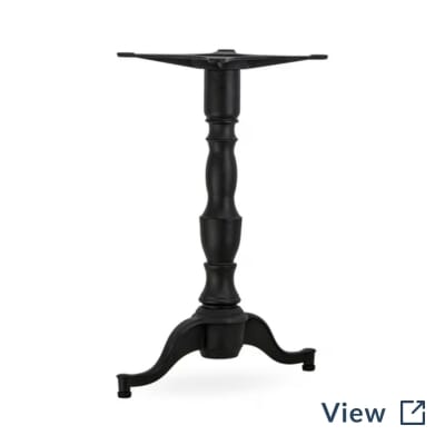 Black cast iron single-leg commercial pedestal table base in standard and bar-height configurations.