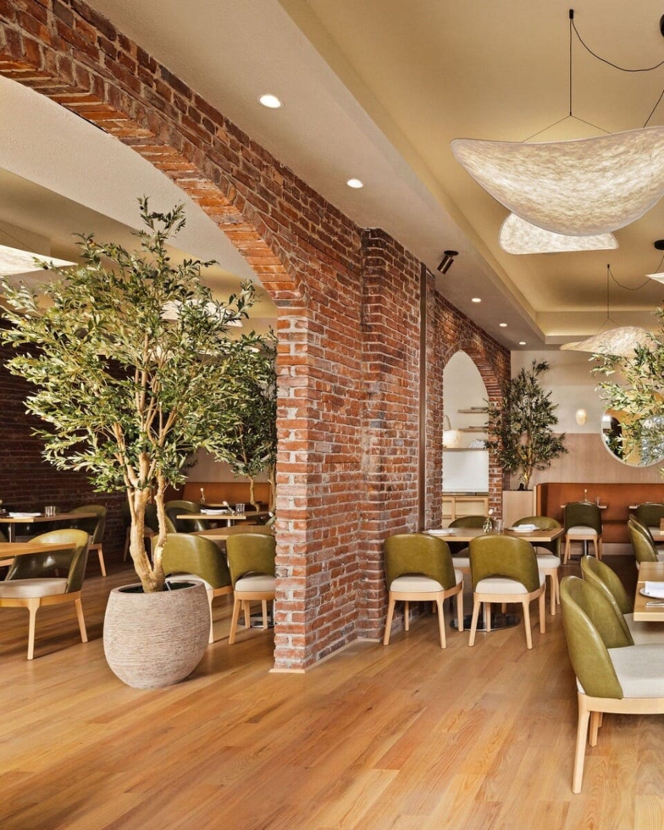Clementina restaurant seating layout with maple wood table tops, brushed stainless steel round table bases, Lily natural wood restaurant chairs, brick wall, olive trees, and cognac banquette seating.
