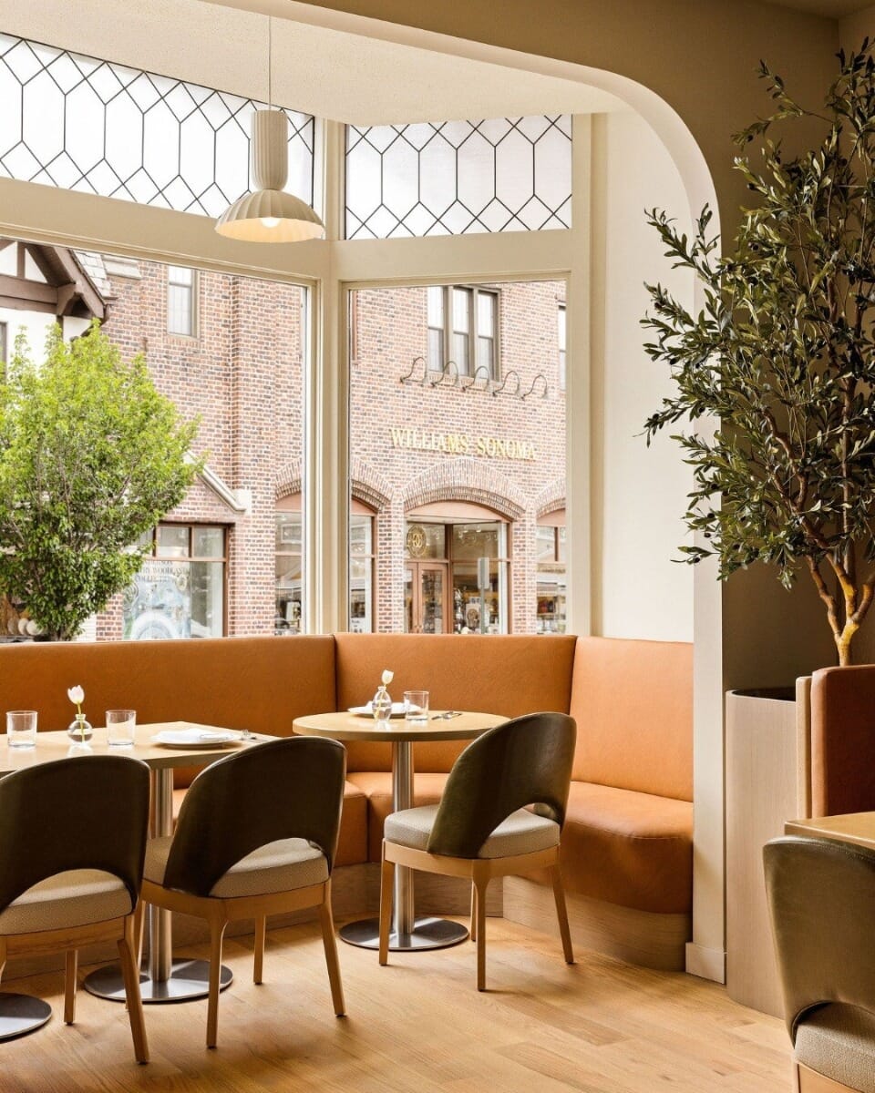 Modern Italian restaurant interior with exposed brick walls, olive trees, maple wood restaurant tables, stainless steel table bases, natural wood chairs, and warm neutral finishes.