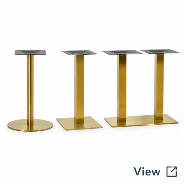 Gold round, square, and rectangular restaurant table bases used at Lake Santeetlah Lodge.