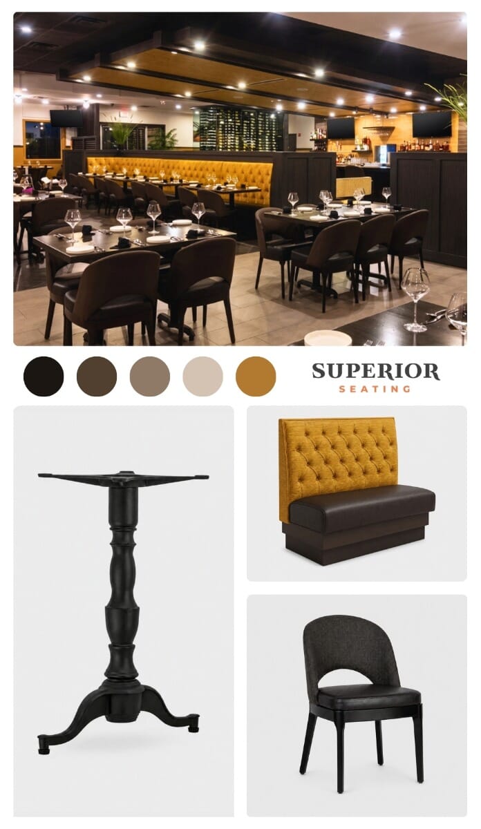 Italian Chophouse on Lake Oconee furniture moodboard featuring black wood, charcoal upholstery, citrine and Dijon accents, warm neutrals, wine tones, and custom restaurant seating.