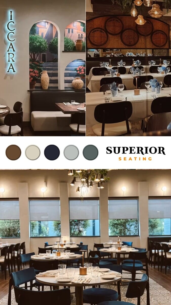 Mood board for Villaggio Iccara showing white and gold stone, pewter rustic finishes, walnut chairs, and gold table bases.