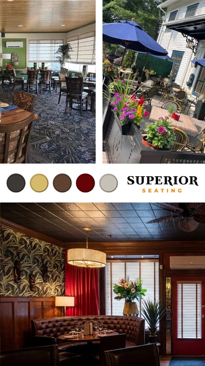 Moodboard showing walnut wood, tobacco vinyl, brass accents, and black finishes.