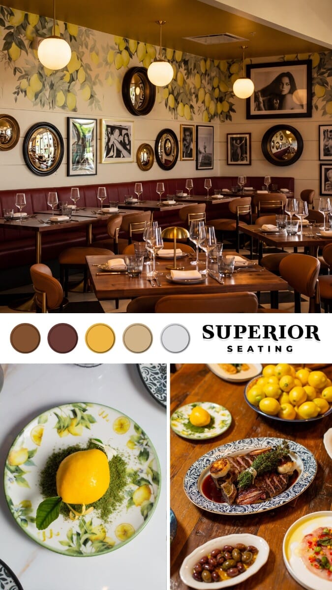 Moodboard for Fortuna Cucina Italiana featuring South American walnut restaurant table tops, white sintered stone table tops with gold aluminum band, Italian food presentation, brass lighting, red banquettes, cognac seating, and warm upscale restaurant atmosphere.