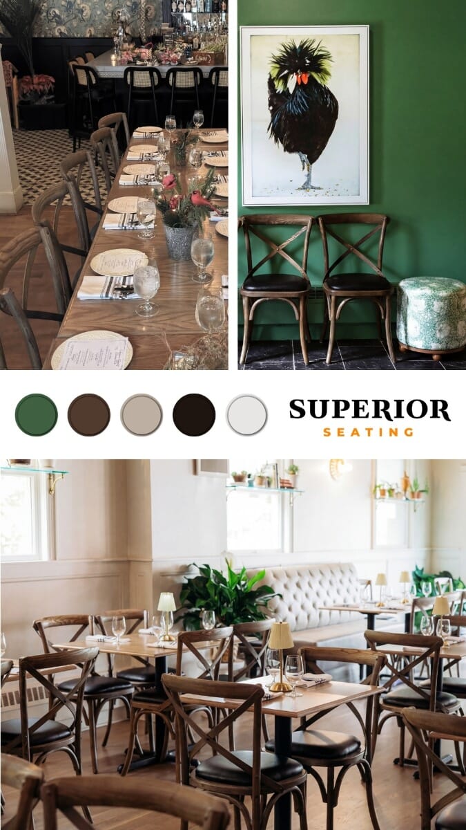Mood board for La Plage Bistro featuring antique grey cross-back chairs, black cane bar stools, and a warm French bistro palette.