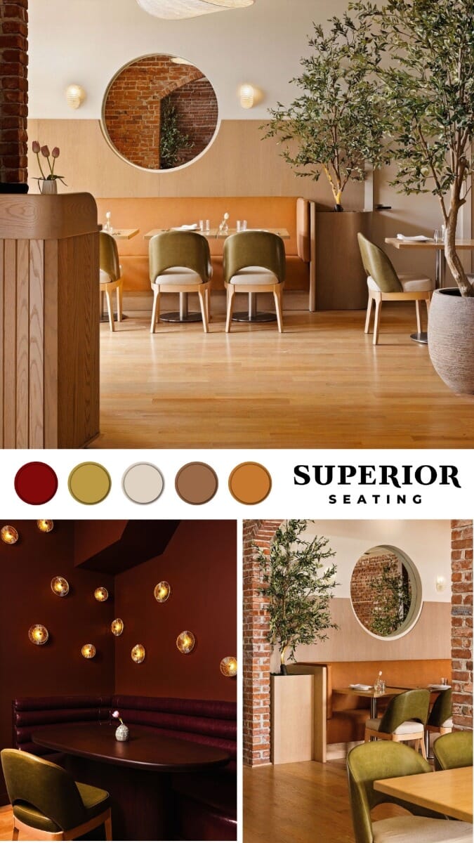 Moodboard for Clementina featuring solid maple wood plank restaurant table tops, brushed stainless steel round table bases, Lily natural wood restaurant chairs, exposed brick arches, olive trees, cognac banquettes, olive green seating, and modern Italian restaurant inspiration.