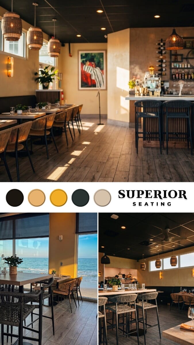 Moodboard for The Whistling Duck featuring tan rope restaurant seating, oak melamine table tops, black powder coated table bases, gray bar stools, black upholstered booths, and coastal wine bar inspiration.