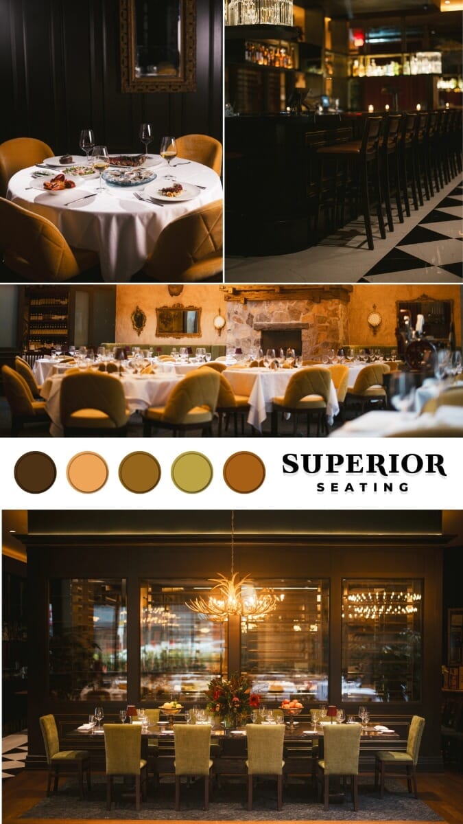 Moodboard for Masseria Morristown featuring walnut wood finishes, brass accents, green and neutral upholstery, and warm ambient textures.