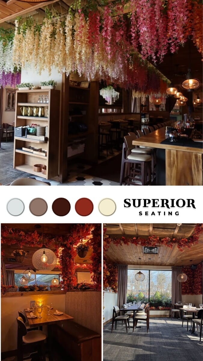 Moodboard for Bora Restaurant featuring walnut wood finishes, New Soho Mushroom upholstery, floral tones, brick textures, pendant lighting, and Lola restaurant seating inspiration.