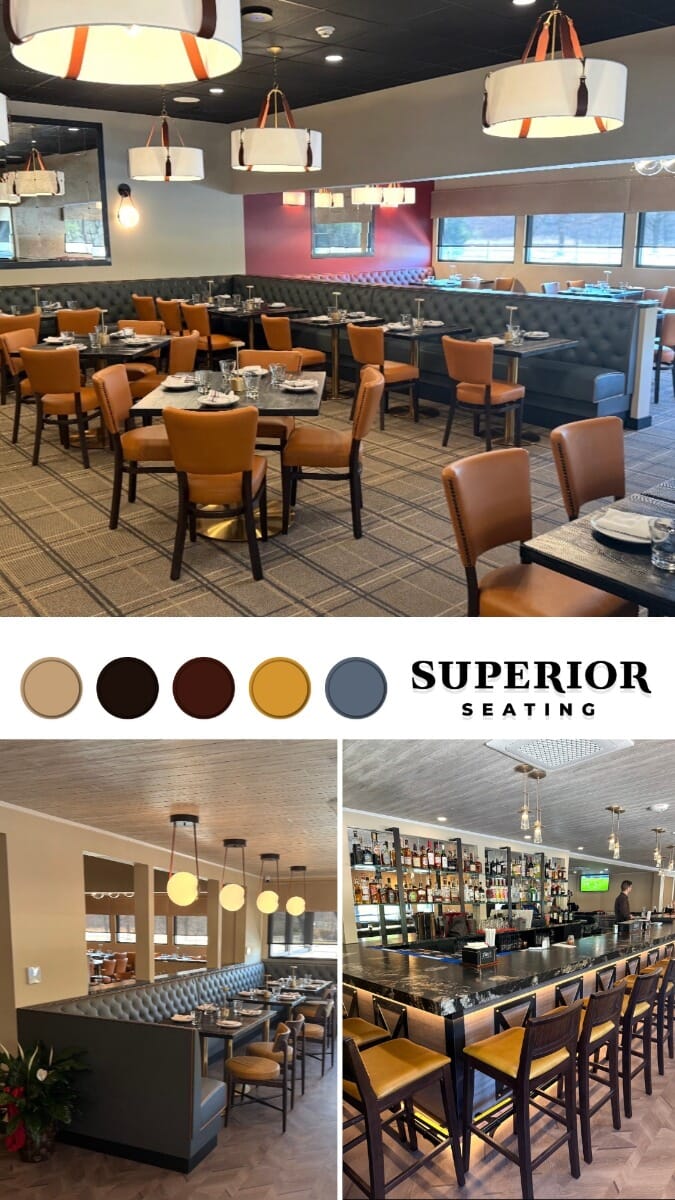 Moodboard for the former New Hope Diner renovation featuring antique black reclaimed ash, walnut wood, saffron upholstery, claret booth vinyl, brass nailhead trim, and gold table bases.