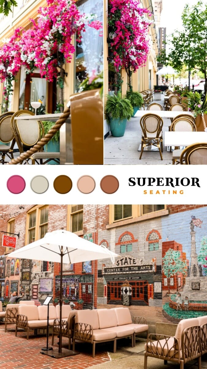 Mood board for Meli European Taverna patio featuring white-and-gold stone surfaces, brushed stainless steel, beige cushions, and bamboo-look outdoor seating.