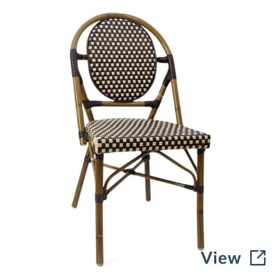 Synthetic wicker and bamboo outdoor stackable chair with rounded back in walnut brown finish (R20-WL).