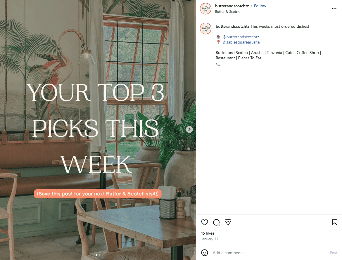 Example of the Content: Text-led restaurant post