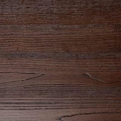 Hand-distressed reclaimed ash wood table top with walnut finish and visible natural grain.