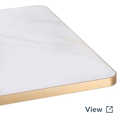Economy Sintered Stone Restaurant Table Top in White with Gold Aluminum Band.