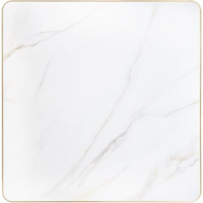 White sintered stone restaurant table top with gold aluminum band finish swatch