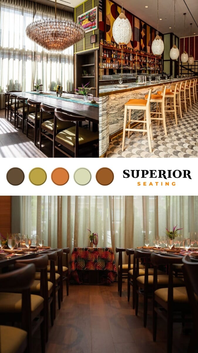 Mood board featuring Canyon Pumpkin upholstery, brass accents, natural wood tones, and walnut dining finishes for MARCUS DC.